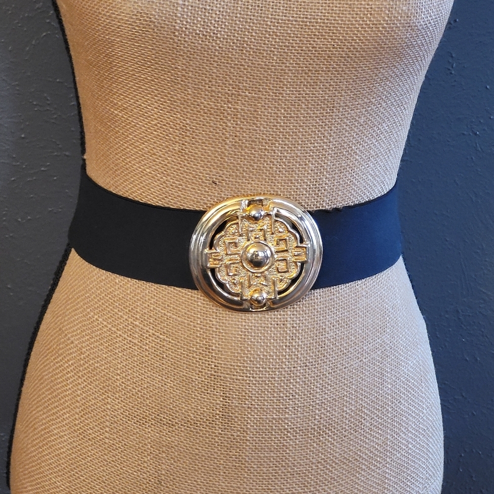 Pearl Accessories Vintage 80s Black Stretch Belt Goldtone Buckle Medium